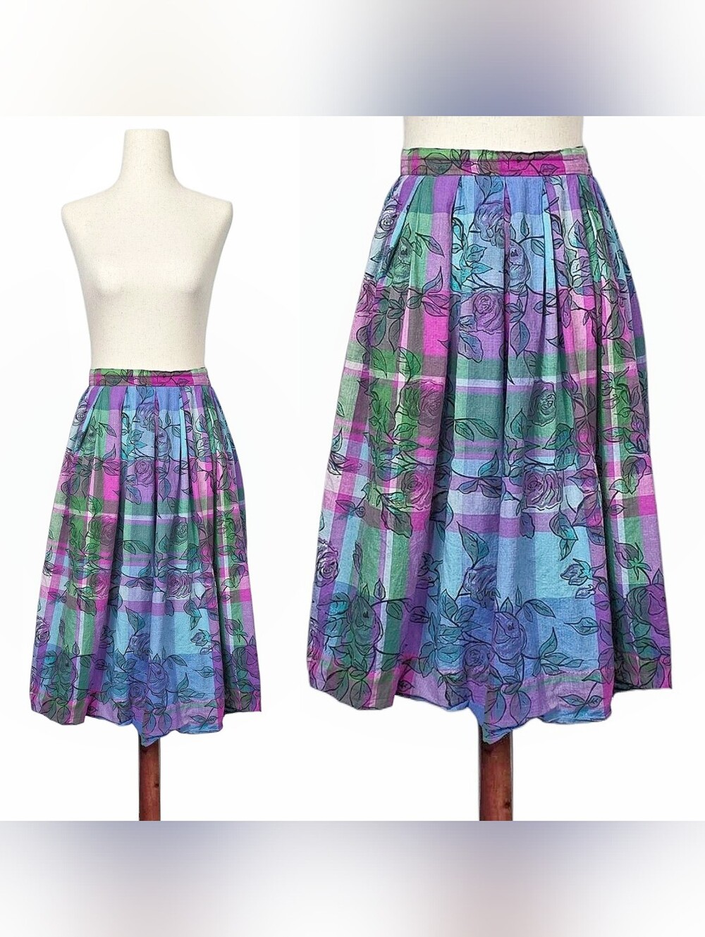 1980s Vintage Skirt 80s Plaid Floral Midi Pleat Pockets Cotton Small Rose A Line